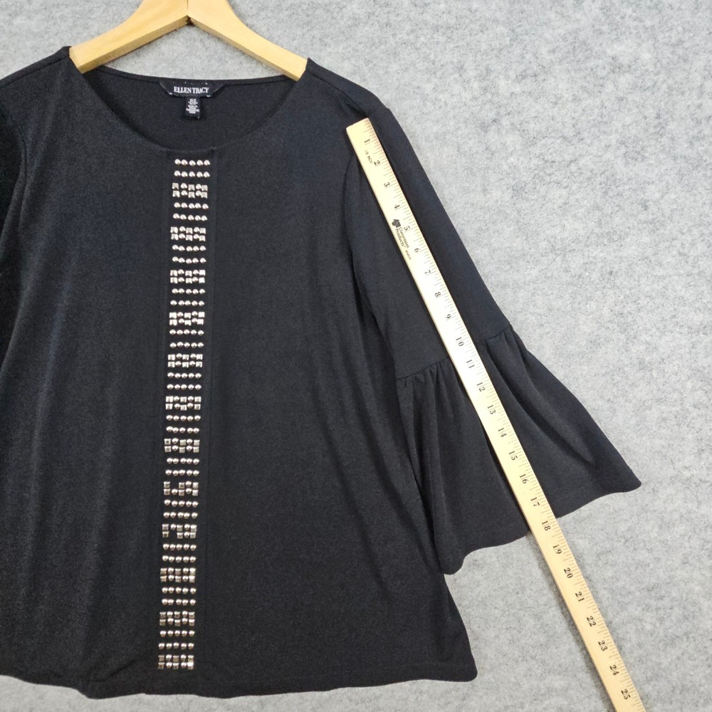 Ellen Tracy Black Bell Sleeve Studded Embellished Blouse Top Women's Size M Work - Picture 11 of 12